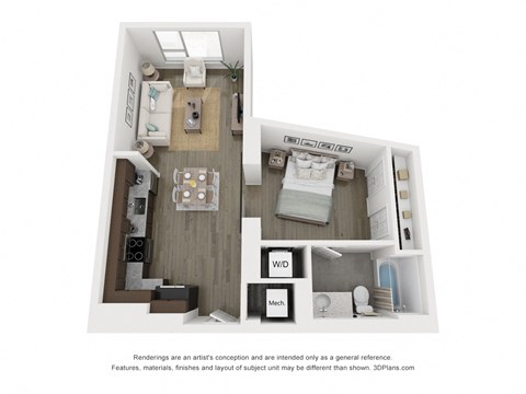 Floor plan for 1 bed, 1 bath, 679 sqft